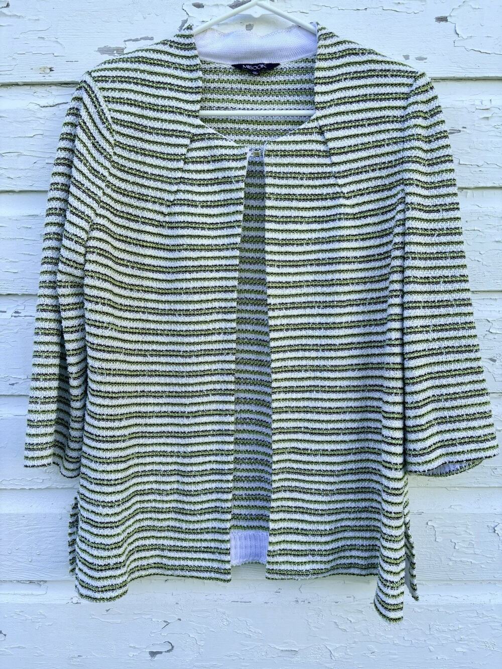 Misook Sweater Blazer Textured Knit Open Front Green Black Stripe 3/4 Slv Size M